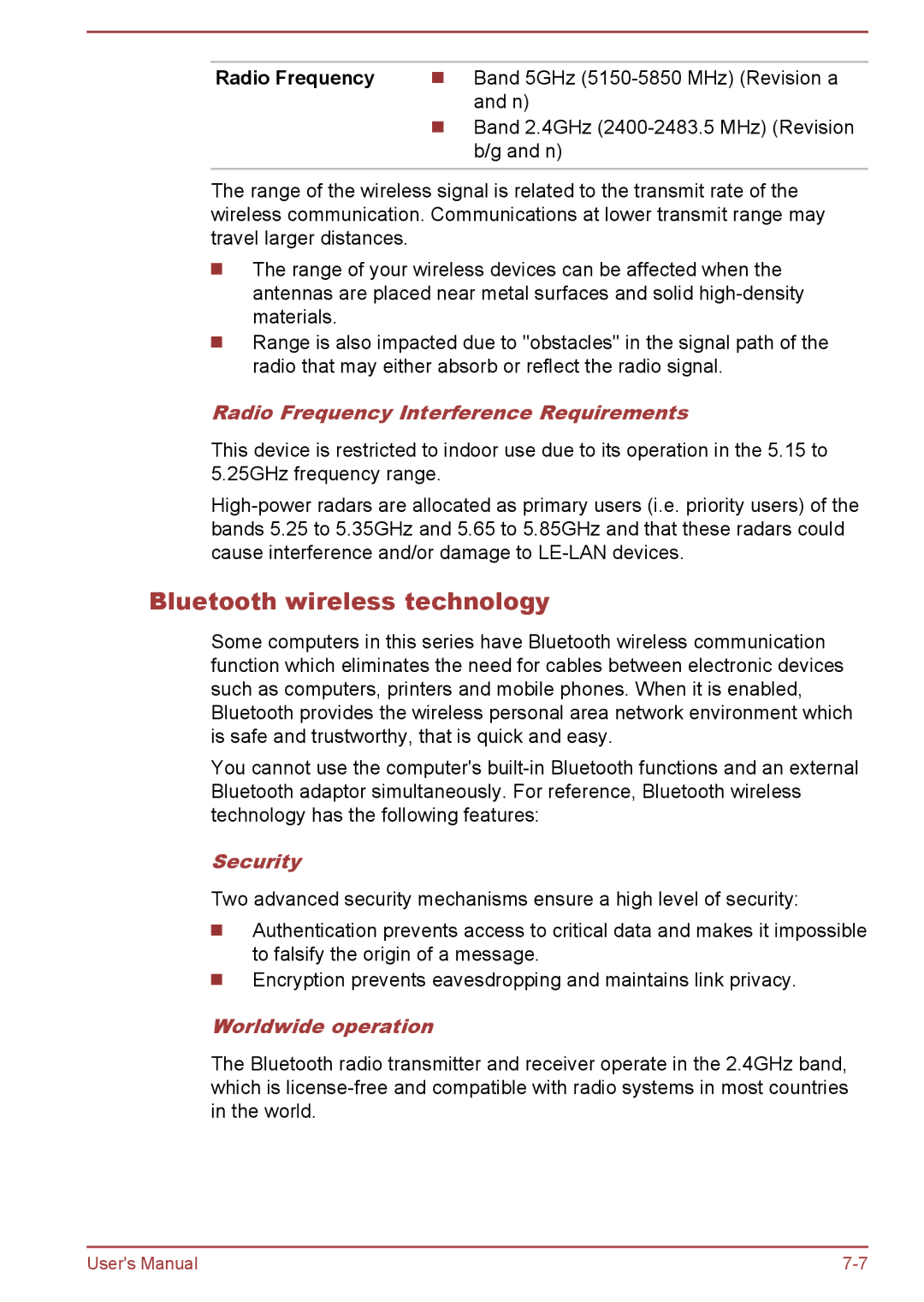 Toshiba Z30t-A, Z30-A Bluetooth wireless technology, Radio Frequency Interference Requirements, Worldwide operation 