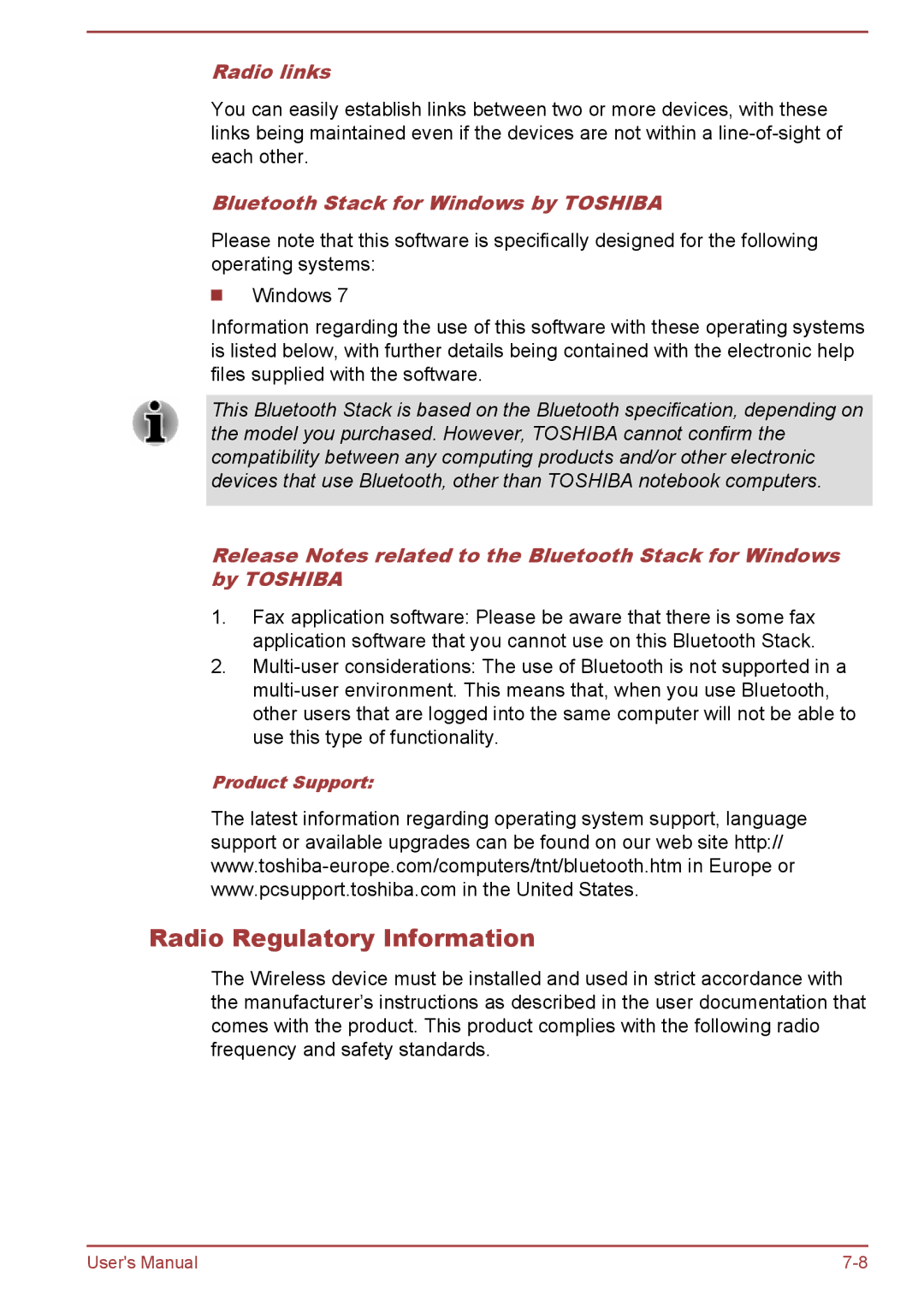 Toshiba Z30-A, Z40-A, Z50-A, Z30t-A Radio Regulatory Information, Radio links, Bluetooth Stack for Windows by Toshiba 