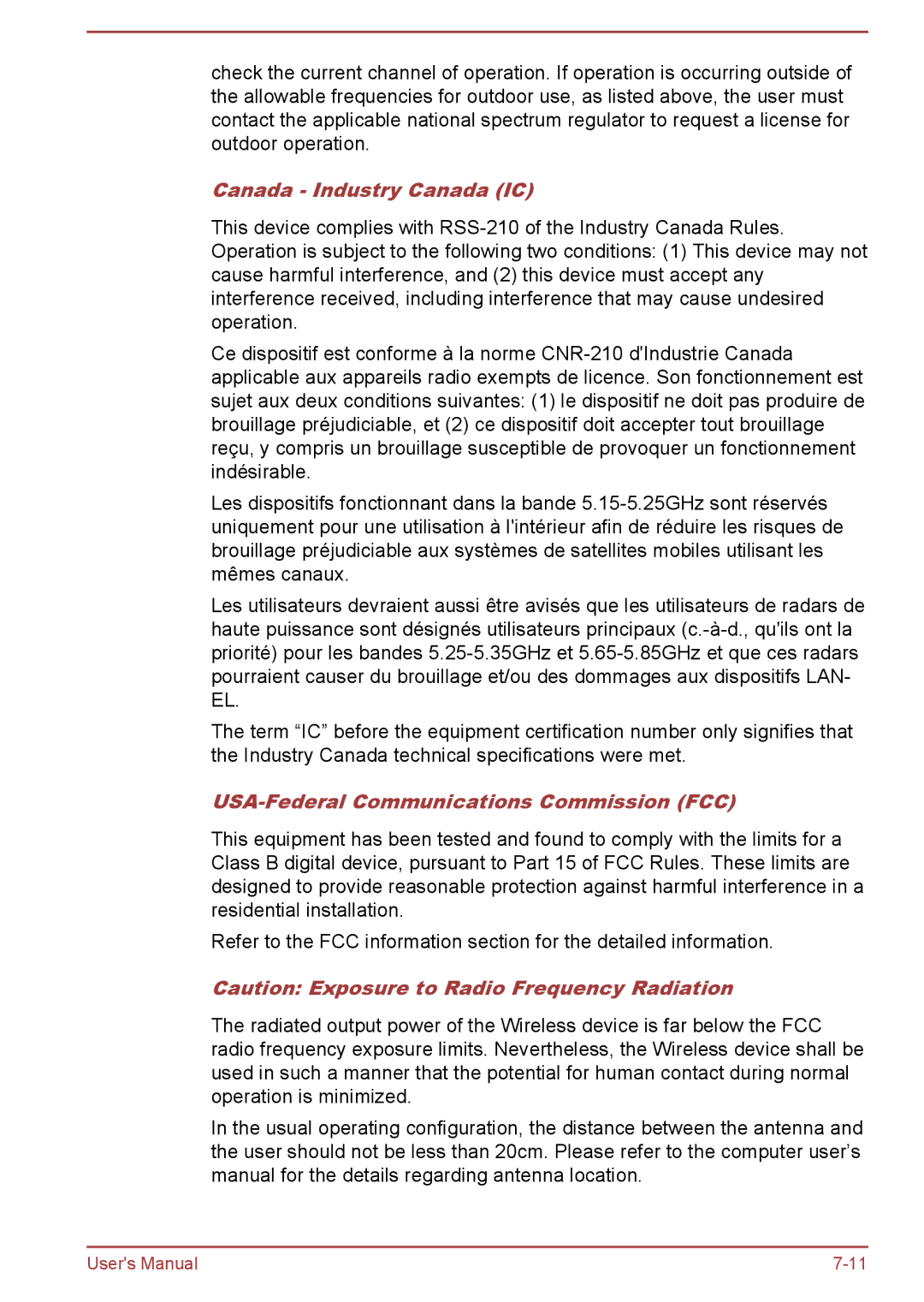 Toshiba Z30t-A, Z30-A, Z40-A, Z50-A user manual Canada Industry Canada IC, USA-Federal Communications Commission FCC 