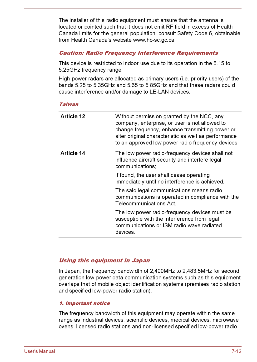 Toshiba Z30-A, Z40-A, Z50-A, Z30t-A user manual Article, Using this equipment in Japan 