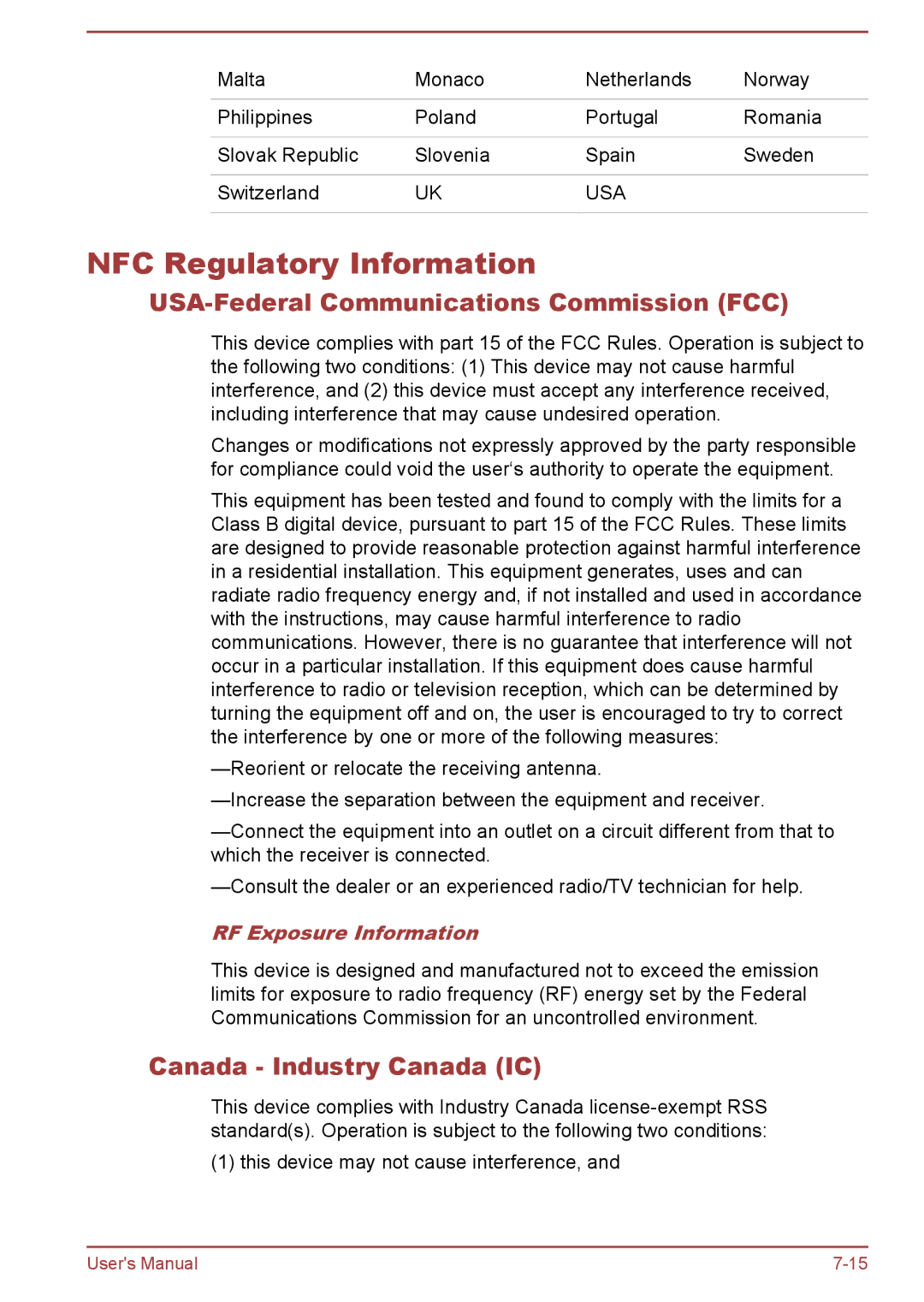 Toshiba Z30t-A, Z30-A NFC Regulatory Information, USA-Federal Communications Commission FCC, Canada Industry Canada IC 