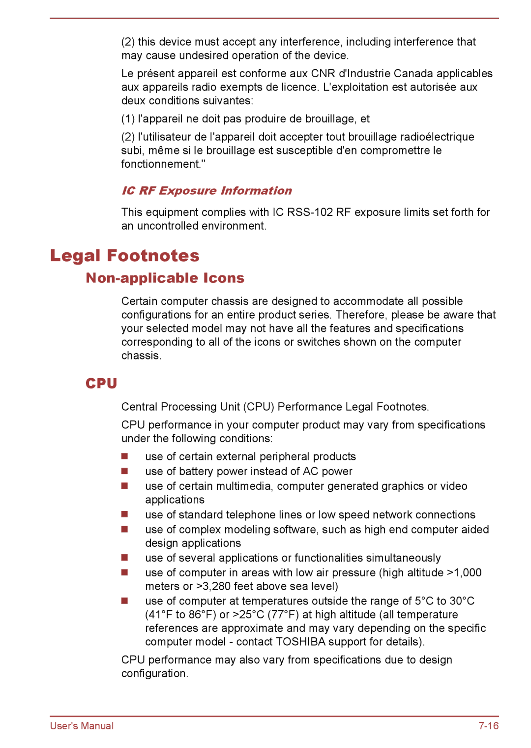 Toshiba Z30-A, Z40-A, Z50-A, Z30t-A user manual Legal Footnotes, Non-applicable Icons, IC RF Exposure Information 