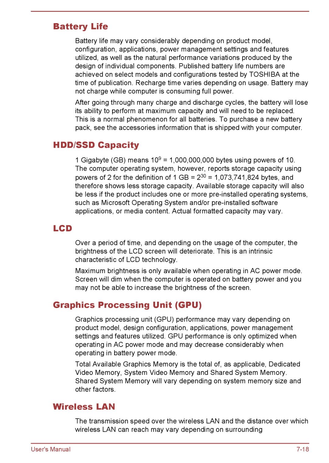 Toshiba Z50-A, Z30-A, Z40-A, Z30t-A user manual Battery Life, HDD/SSD Capacity, Graphics Processing Unit GPU 