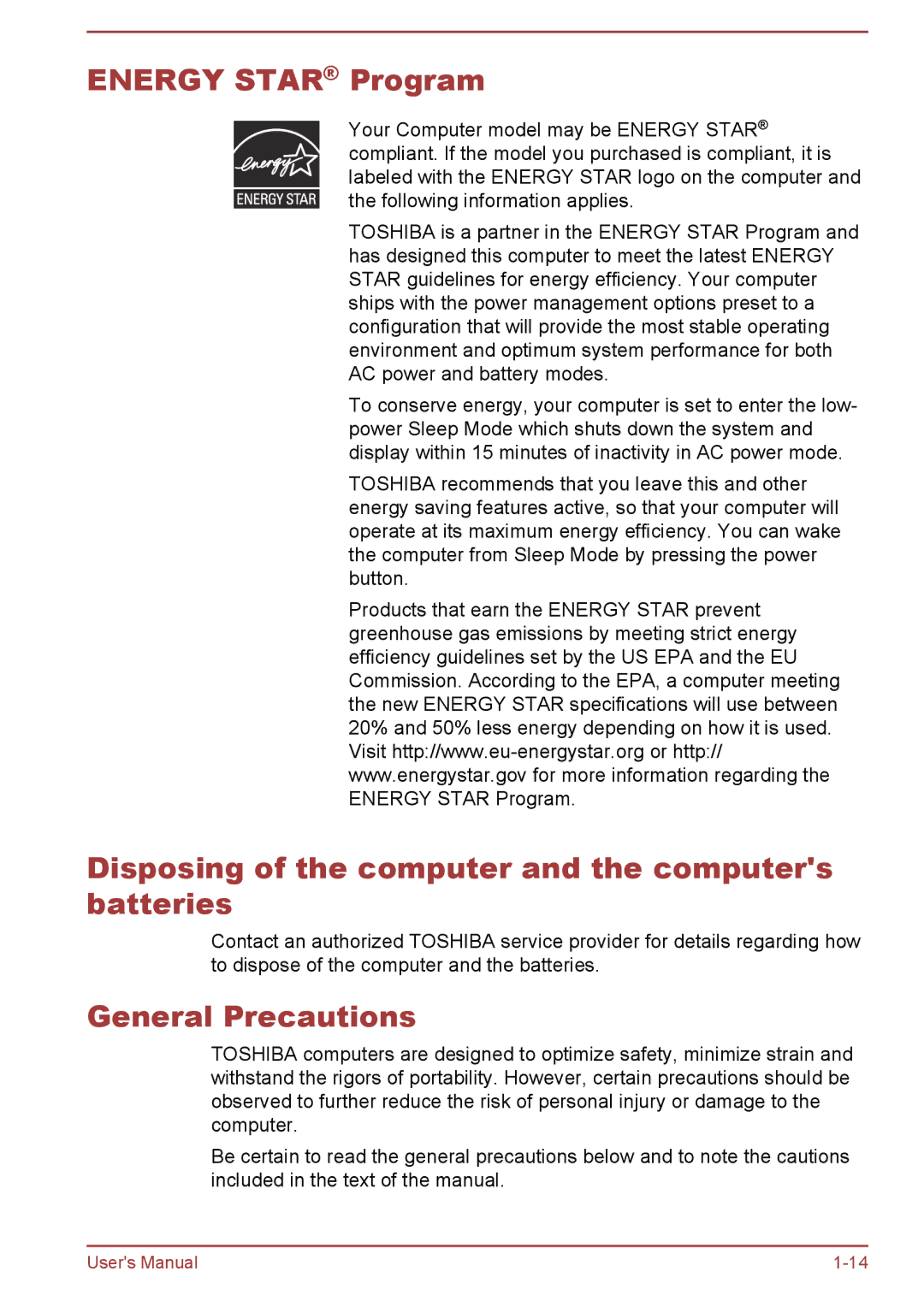 Toshiba Z40-A, Z30-A, Z50-A Energy Star Program, Disposing of the computer and the computers batteries, General Precautions 