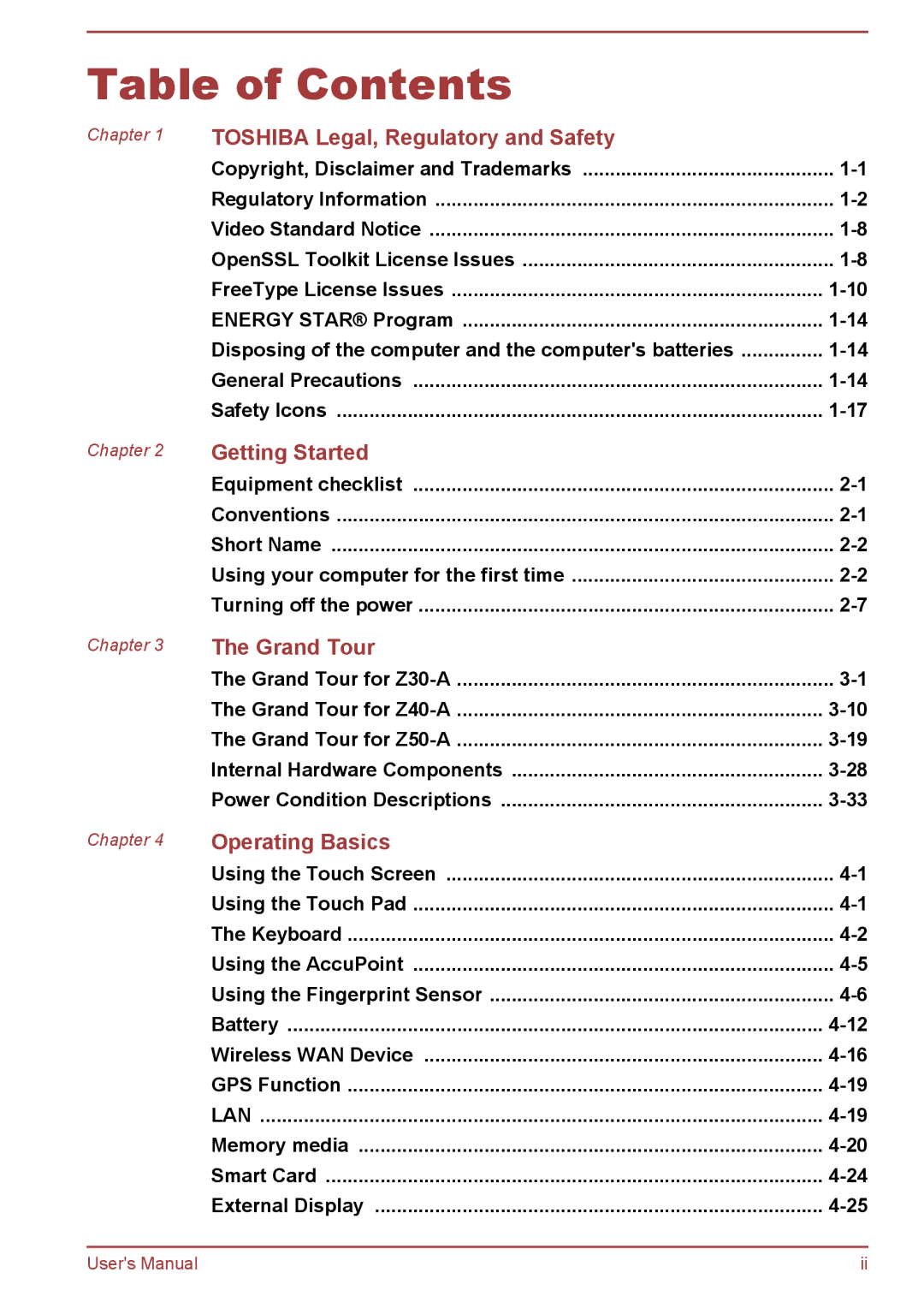 Toshiba Z50-A, Z30-A, Z40-A, Z30t-A user manual Table of Contents 