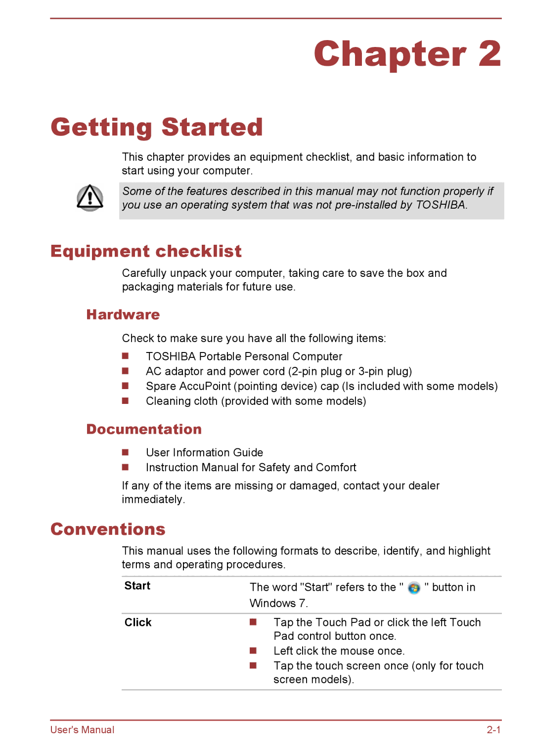 Toshiba Z40-A, Z30-A, Z50-A, Z30t-A user manual Equipment checklist, Conventions, Hardware, Documentation, Start Click 