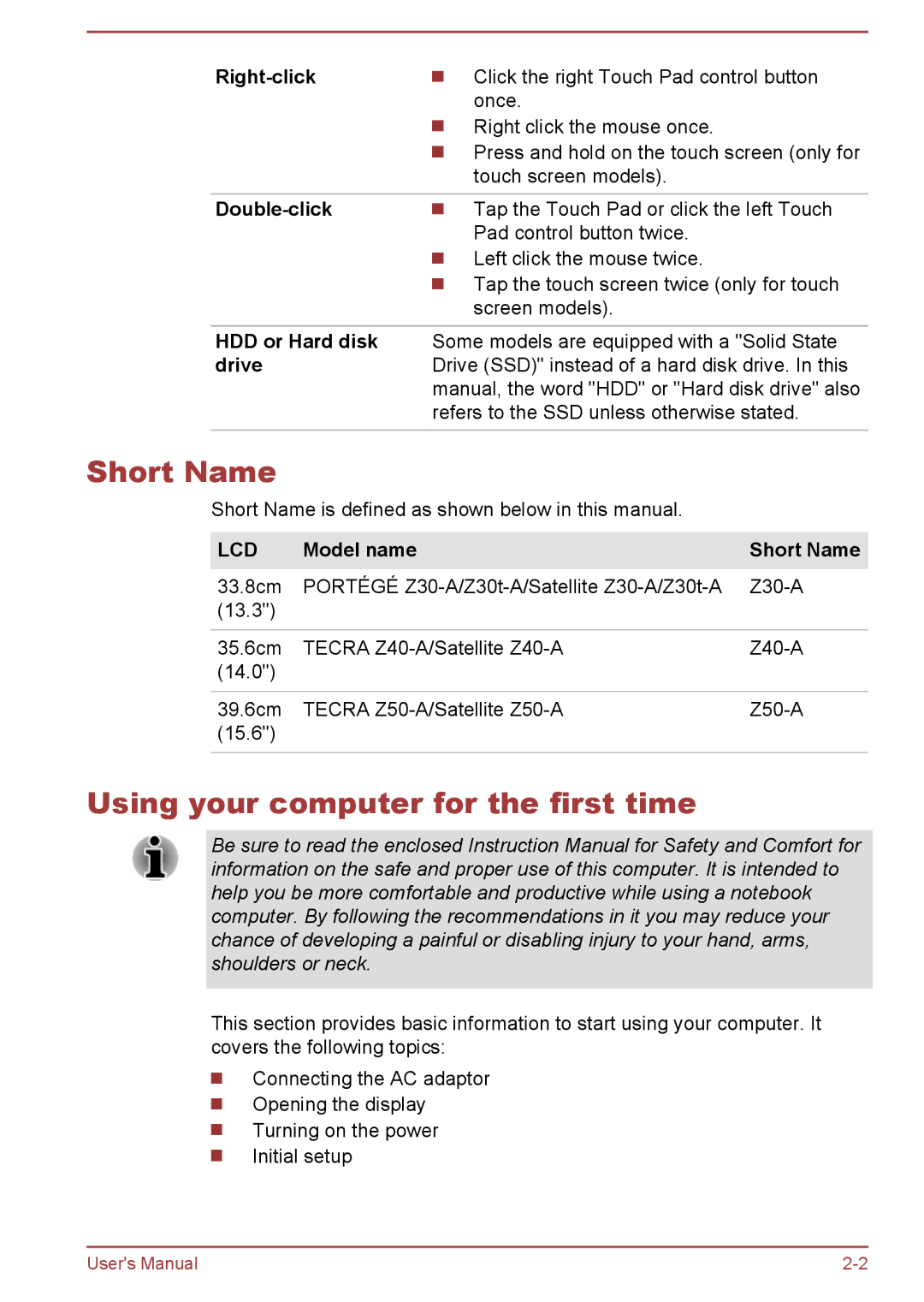 Toshiba Z50-A, Z30-A, Z40-A, Z30t-A user manual Short Name, Using your computer for the first time 