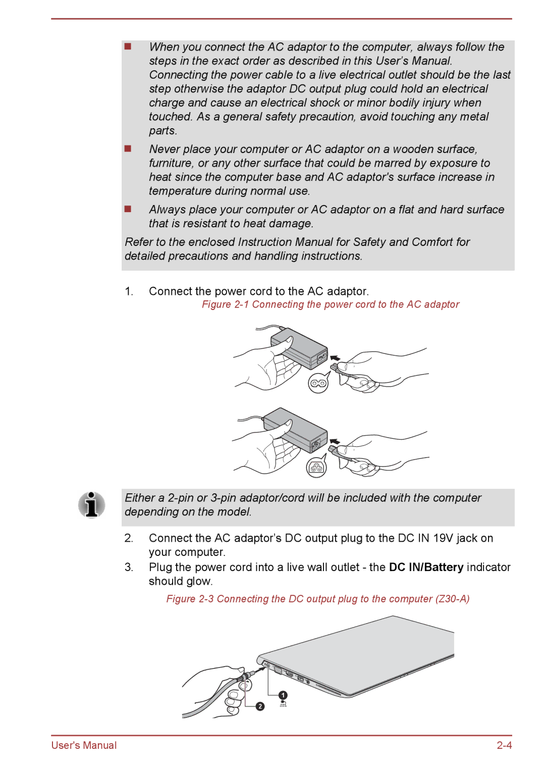 Toshiba Z30-A, Z40-A, Z50-A, Z30t-A user manual Connect the power cord to the AC adaptor 