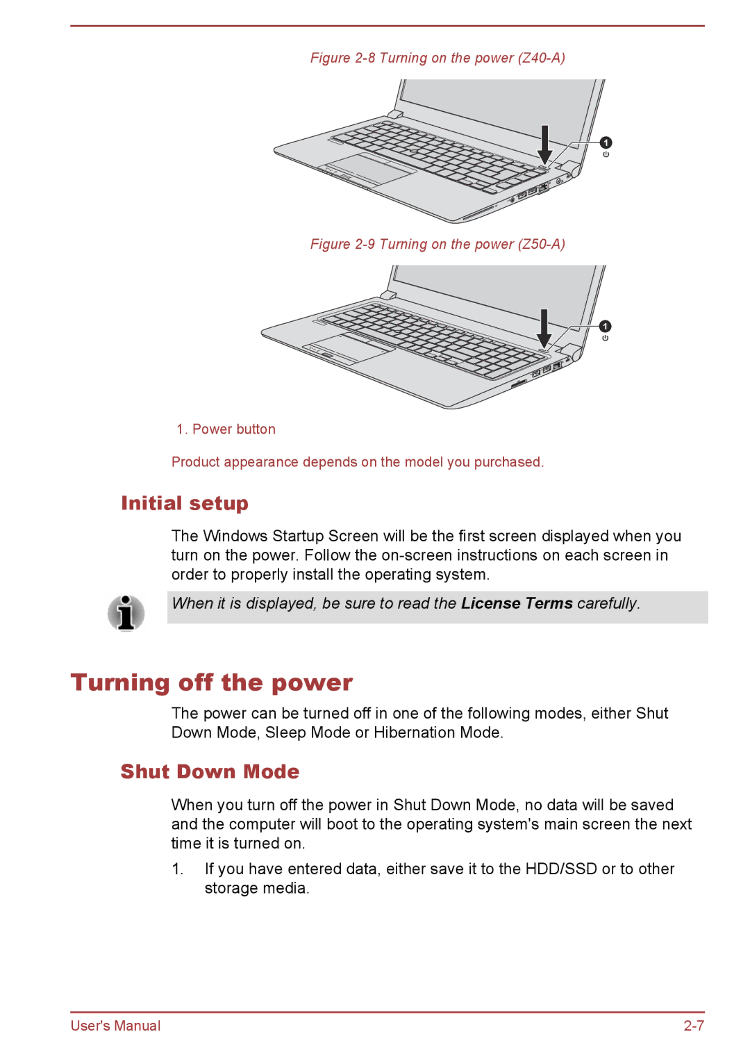 Toshiba Z30t-A, Z30-A, Z40-A, Z50-A user manual Turning off the power, Initial setup, Shut Down Mode 