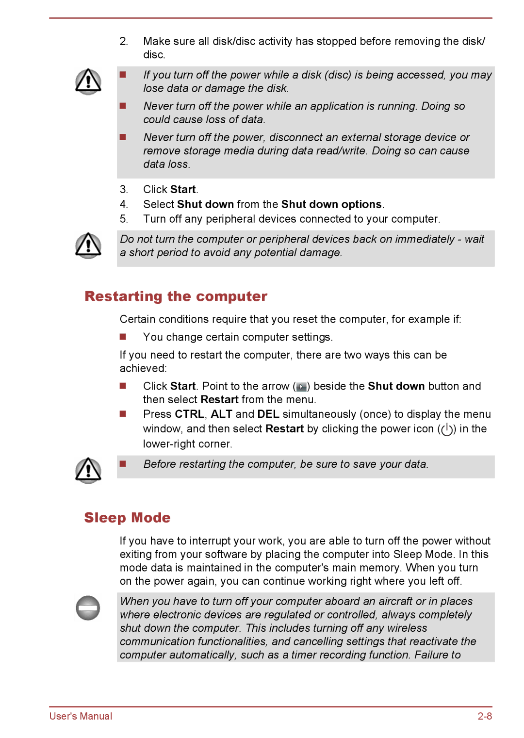 Toshiba Z30-A, Z40-A, Z50-A, Z30t-A Restarting the computer, Sleep Mode, Select Shut down from the Shut down options 