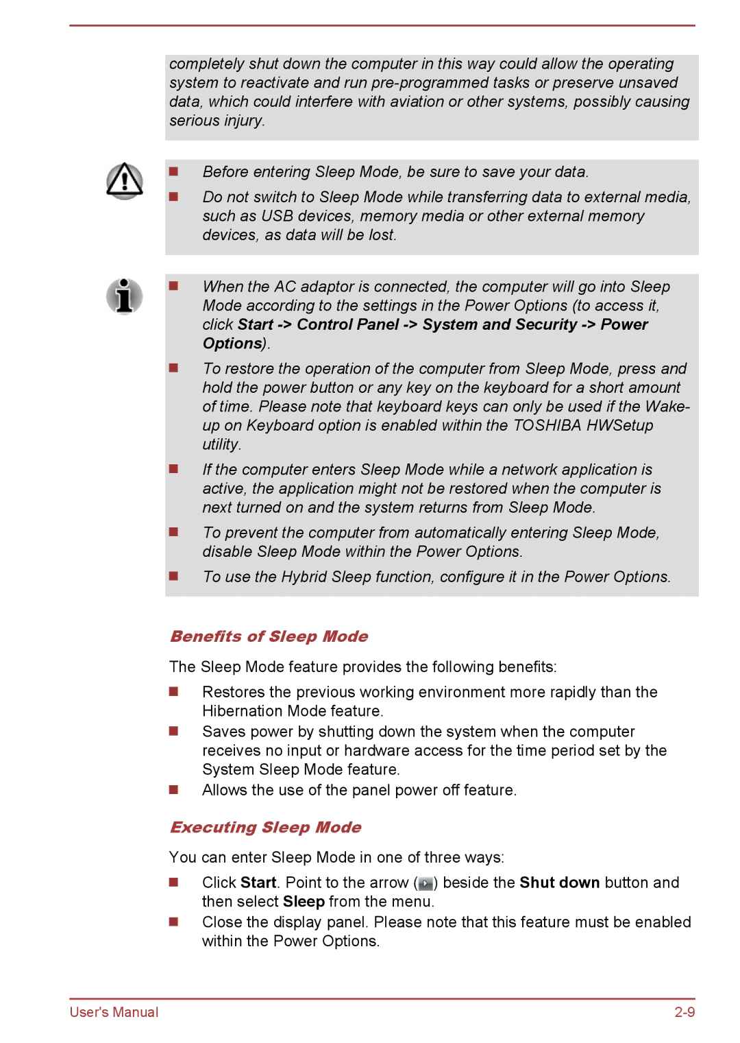 Toshiba Z40-A, Z30-A, Z50-A, Z30t-A user manual Benefits of Sleep Mode, Executing Sleep Mode 