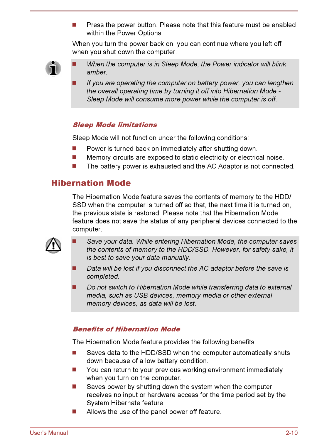 Toshiba Z50-A, Z30-A, Z40-A, Z30t-A user manual Sleep Mode limitations, Benefits of Hibernation Mode 