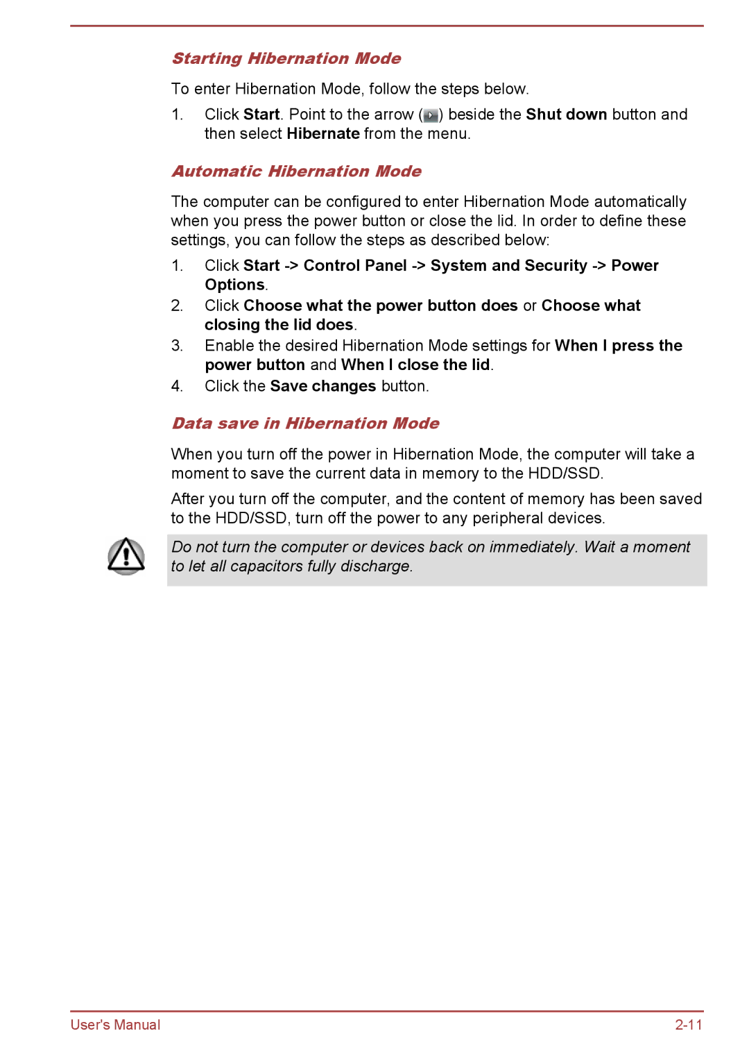 Toshiba Z30t-A, Z30-A, Z40-A, Z50-A Starting Hibernation Mode, Automatic Hibernation Mode, Data save in Hibernation Mode 