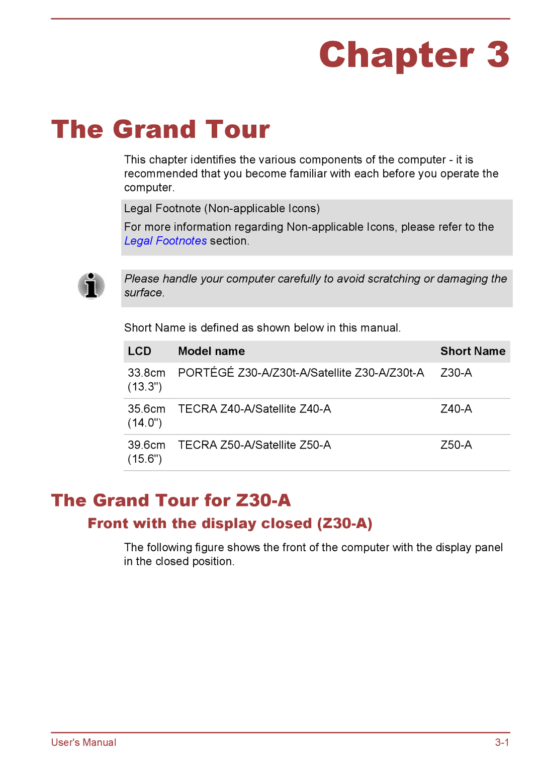 Toshiba Z40-A, Z50-A, Z30t-A user manual Grand Tour for Z30-A, Front with the display closed Z30-A 