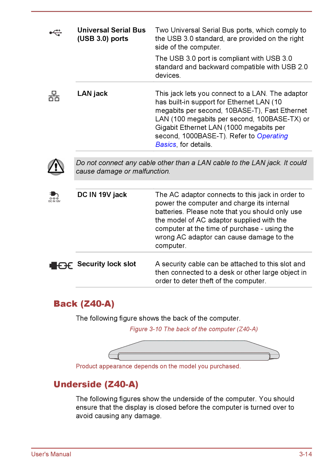 Toshiba Z30-A, Z50-A, Z30t-A user manual Back Z40-A, Underside Z40-A, USB 3.0 ports, Security lock slot 