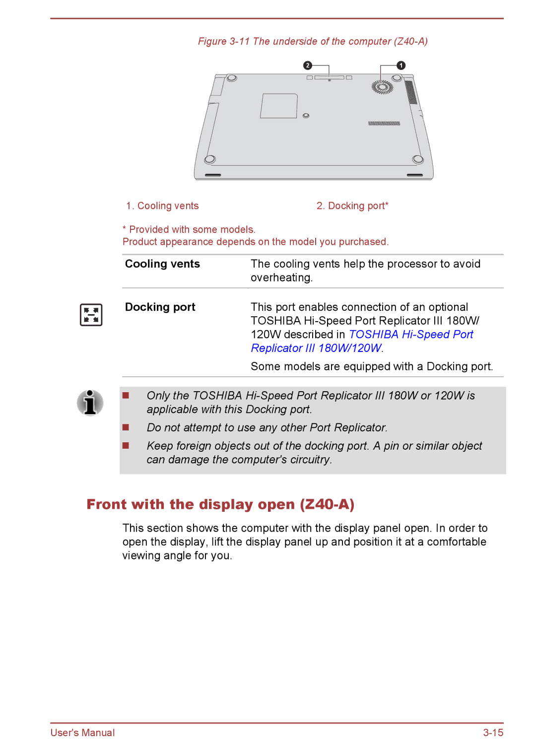 Toshiba Z50-A, Z30-A, Z30t-A user manual Front with the display open Z40-A, The underside of the computer Z40-A 