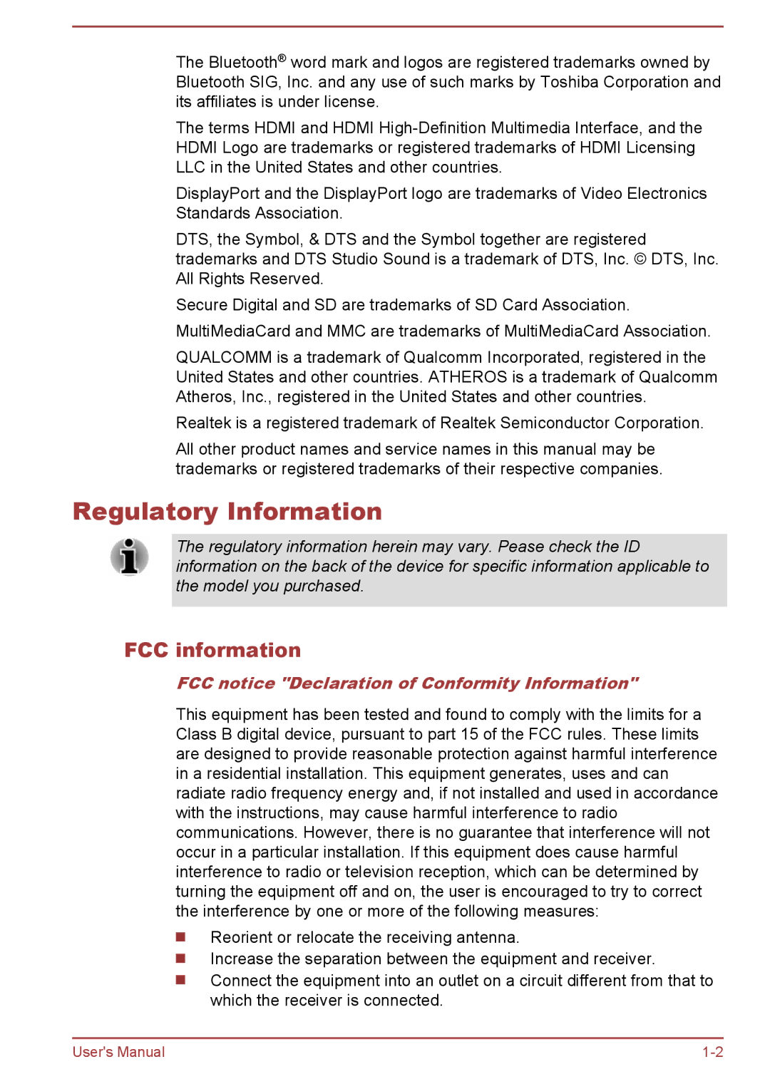 Toshiba Z40-A, Z30-A, Z50-A Regulatory Information, FCC information, FCC notice Declaration of Conformity Information 