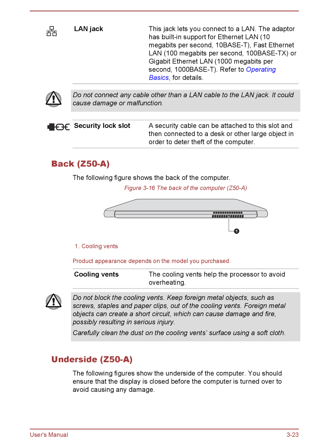 Toshiba Z30-A, Z40-A, Z30t-A user manual Back Z50-A, Underside Z50-A 