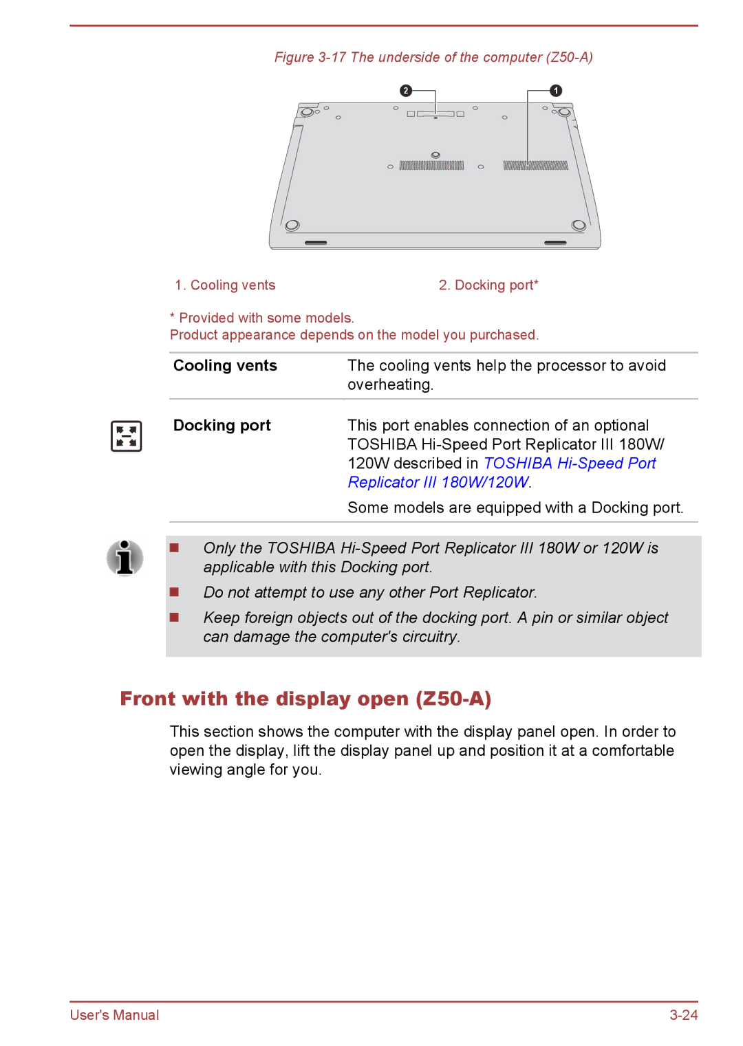 Toshiba Z30t-A, Z30-A, Z40-A user manual Front with the display open Z50-A, The underside of the computer Z50-A 