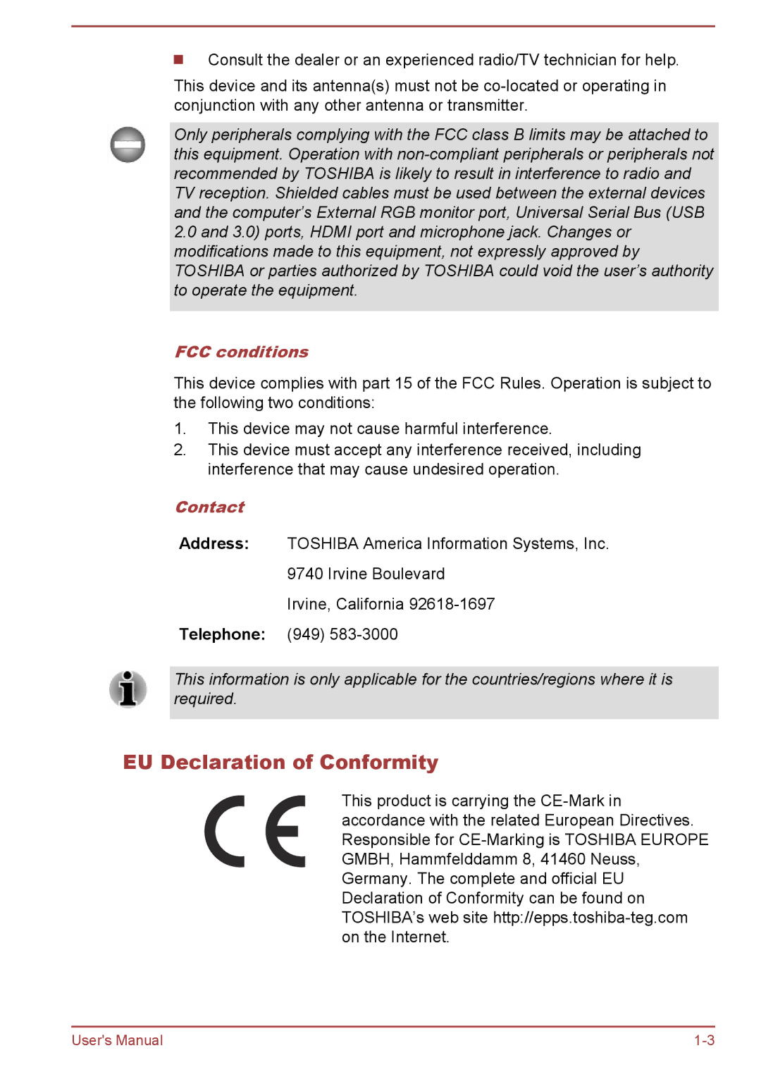 Toshiba Z50-A, Z30-A, Z40-A, Z30t-A user manual EU Declaration of Conformity, FCC conditions, Contact 