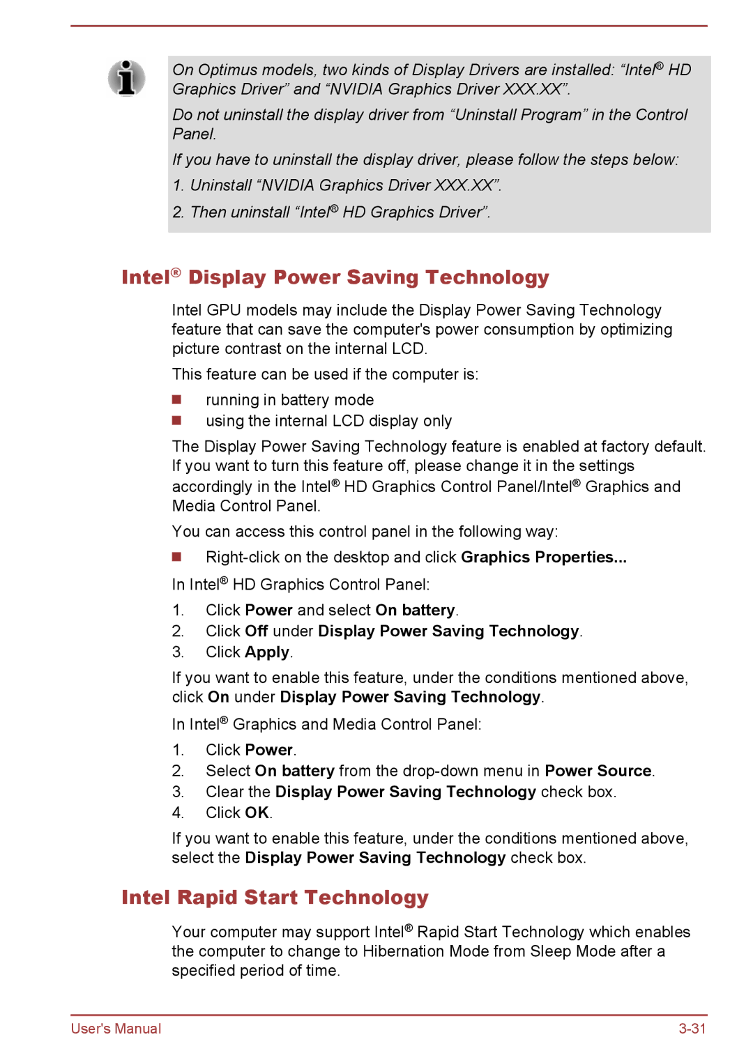 Toshiba Z50-A, Z30-A, Z40-A, Z30t-A user manual Intel Display Power Saving Technology, Intel Rapid Start Technology 