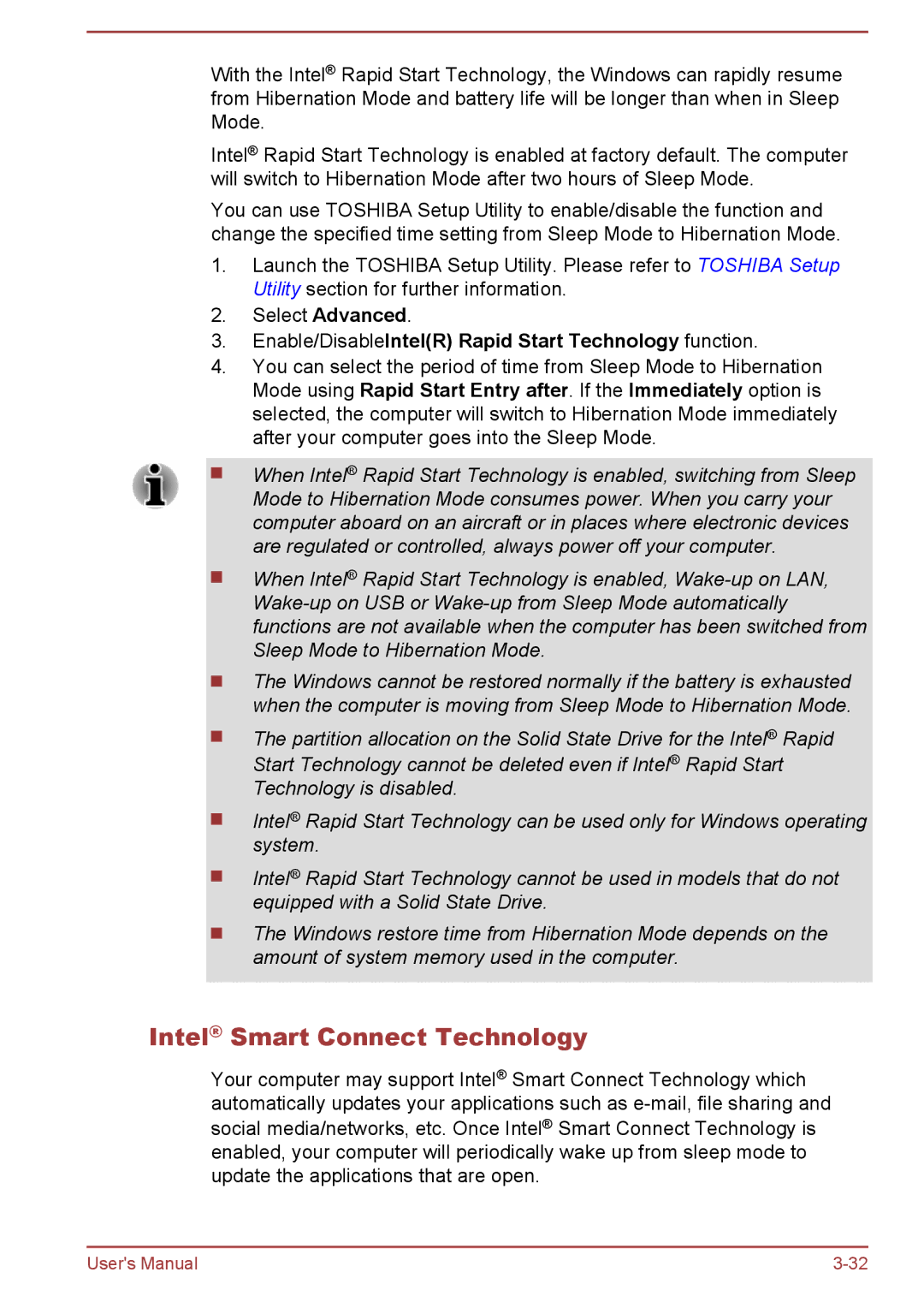 Toshiba Z30t-A, Z30-A, Z40-A, Z50-A Intel Smart Connect Technology, Enable/DisableIntelR Rapid Start Technology function 