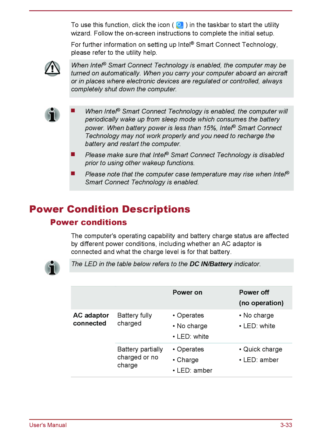 Toshiba Z30-A, Z40-A Power Condition Descriptions, Power conditions, Power on Power off No operation AC adaptor, Connected 