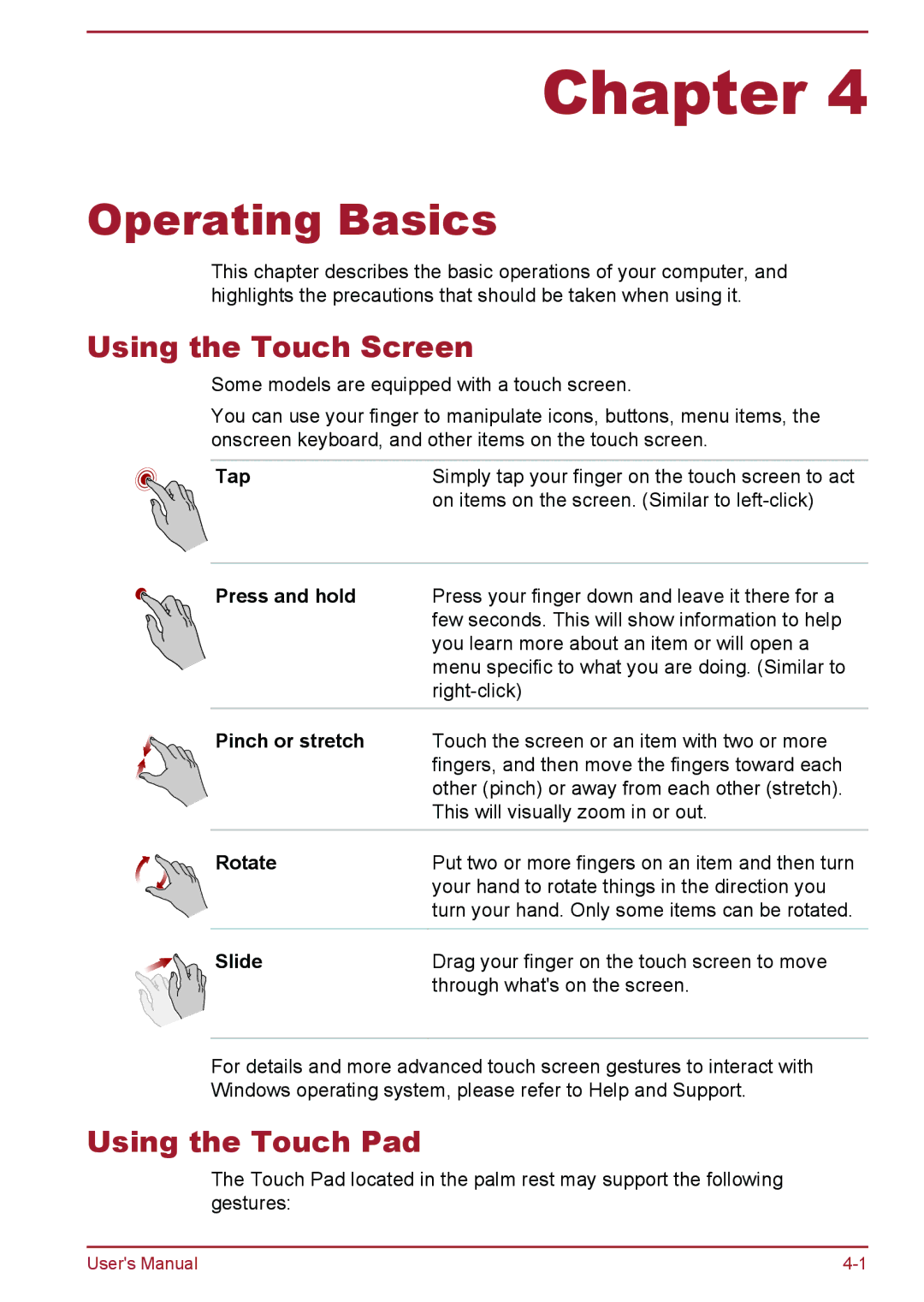 Toshiba Z30t-A, Z30-A, Z40-A, Z50-A user manual Using the Touch Screen, Using the Touch Pad 