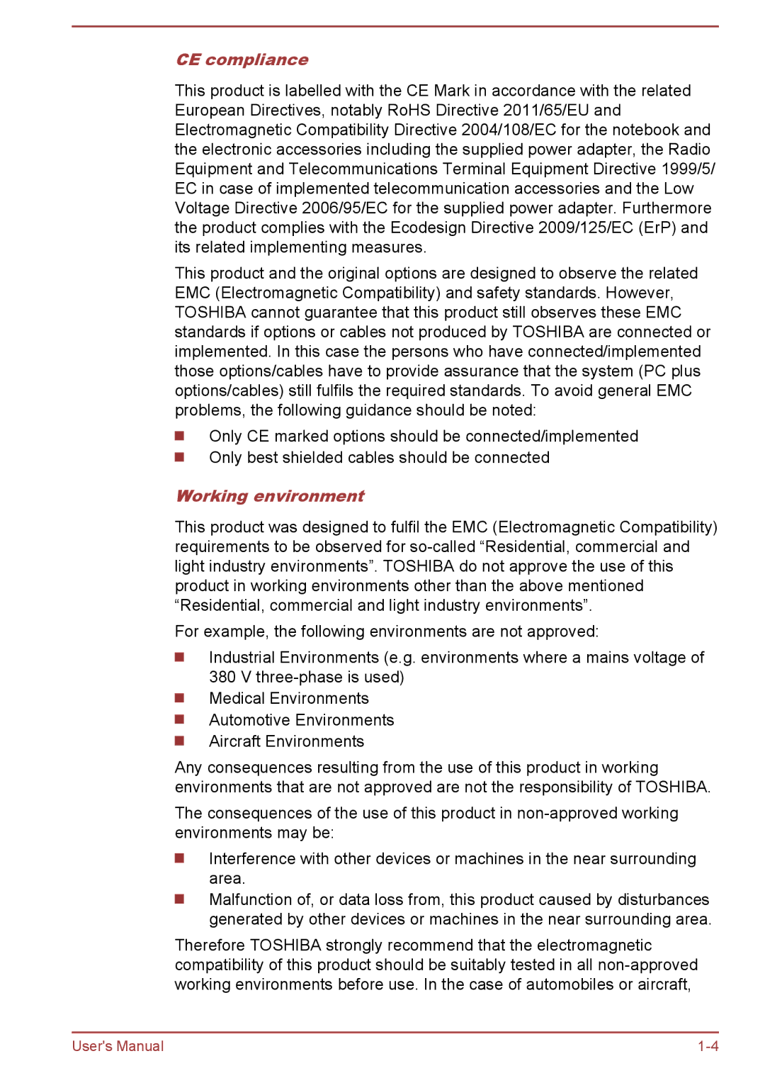 Toshiba Z30t-A, Z30-A, Z40-A, Z50-A user manual CE compliance, Working environment 