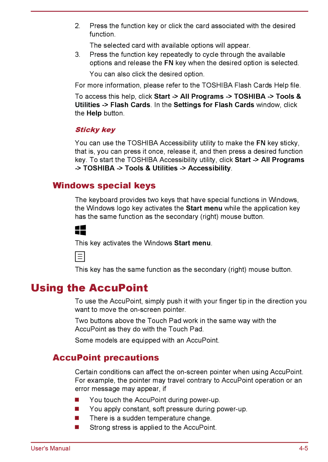 Toshiba Z30t-A, Z30-A, Z40-A, Z50-A user manual Using the AccuPoint, Windows special keys, AccuPoint precautions, Sticky key 