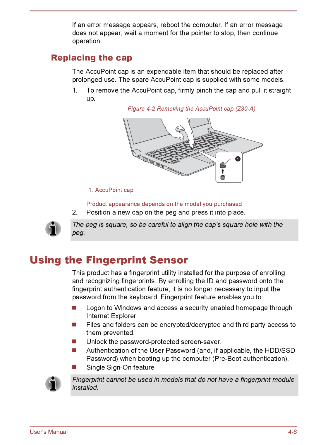 Toshiba Z30-A, Z40-A, Z50-A, Z30t-A user manual Using the Fingerprint Sensor, Replacing the cap 