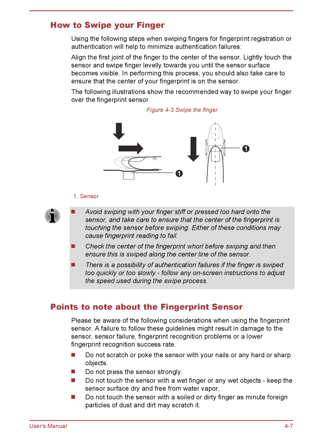 Toshiba Z40-A, Z30-A, Z50-A, Z30t-A user manual How to Swipe your Finger, Points to note about the Fingerprint Sensor 