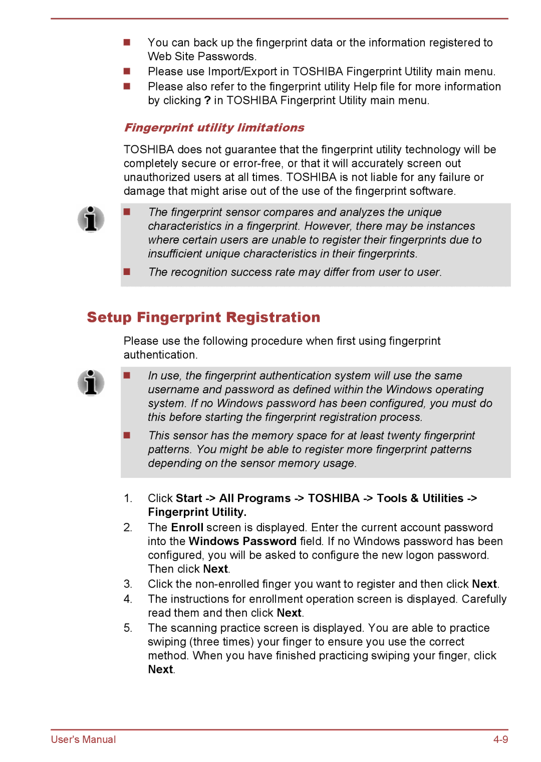 Toshiba Z30t-A, Z30-A, Z40-A, Z50-A user manual Setup Fingerprint Registration, Fingerprint utility limitations 