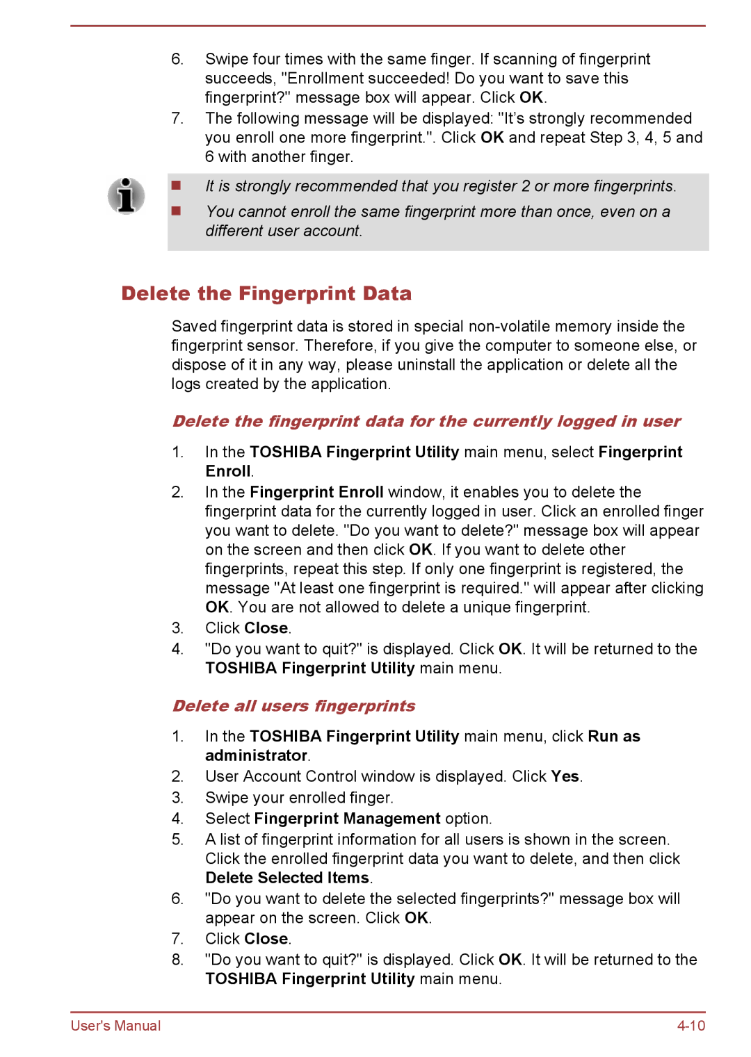 Toshiba Z30-A, Z40-A Delete the Fingerprint Data, Delete all users fingerprints, Select Fingerprint Management option 