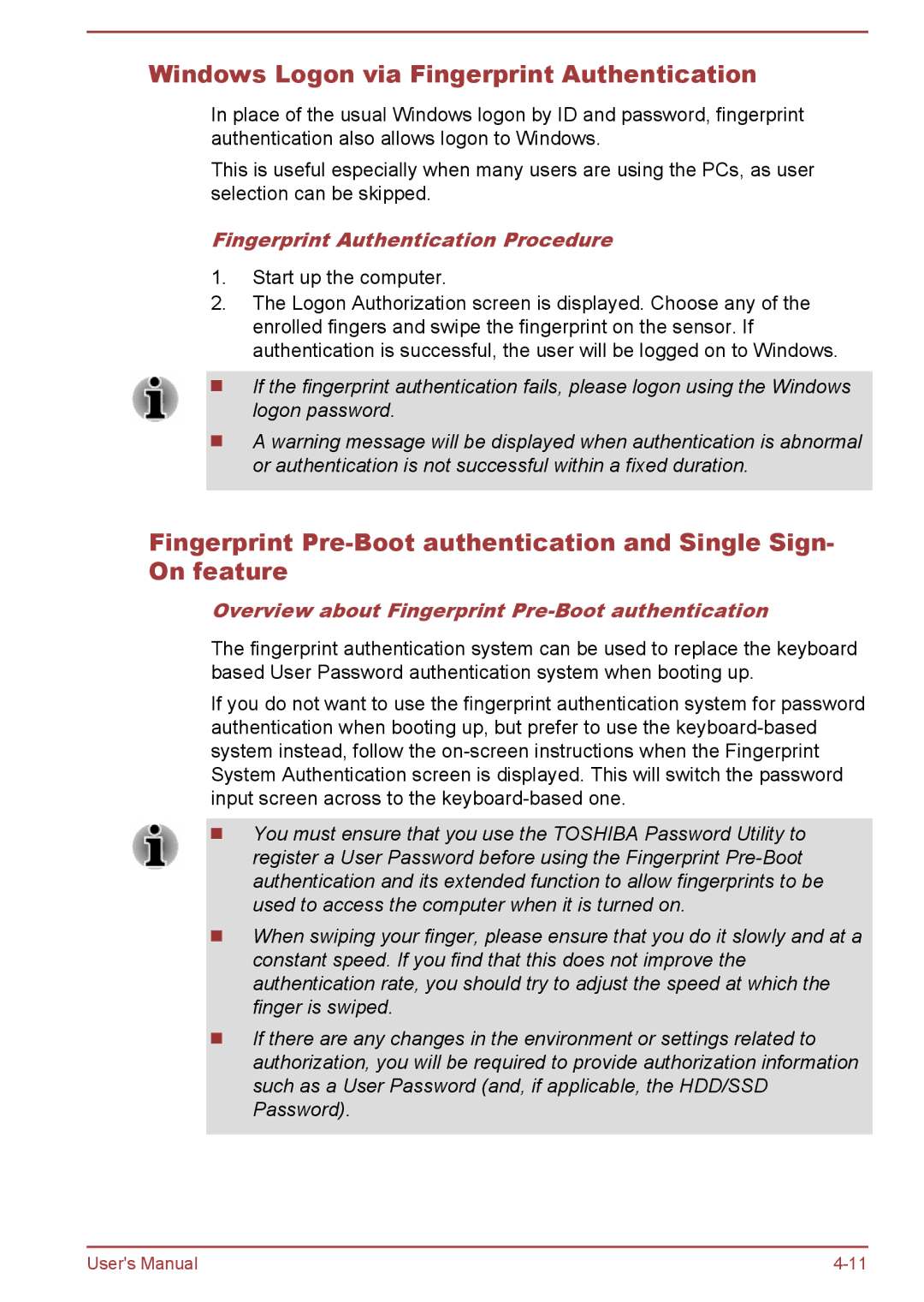 Toshiba Z40-A, Z30-A, Z50-A, Z30t-A Windows Logon via Fingerprint Authentication, Fingerprint Authentication Procedure 