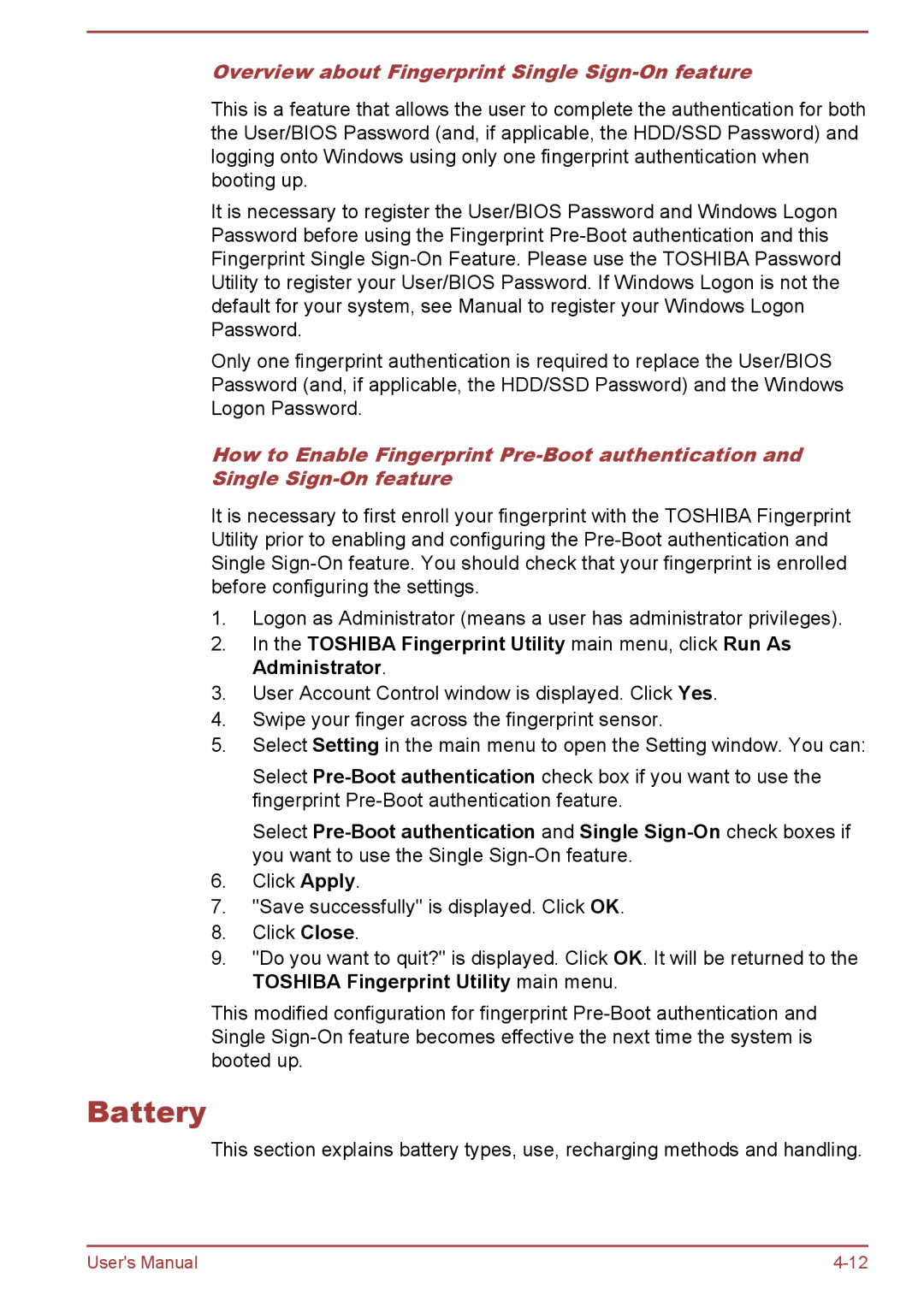 Toshiba Z50-A, Z30-A, Z40-A, Z30t-A user manual Battery, Overview about Fingerprint Single Sign-On feature 