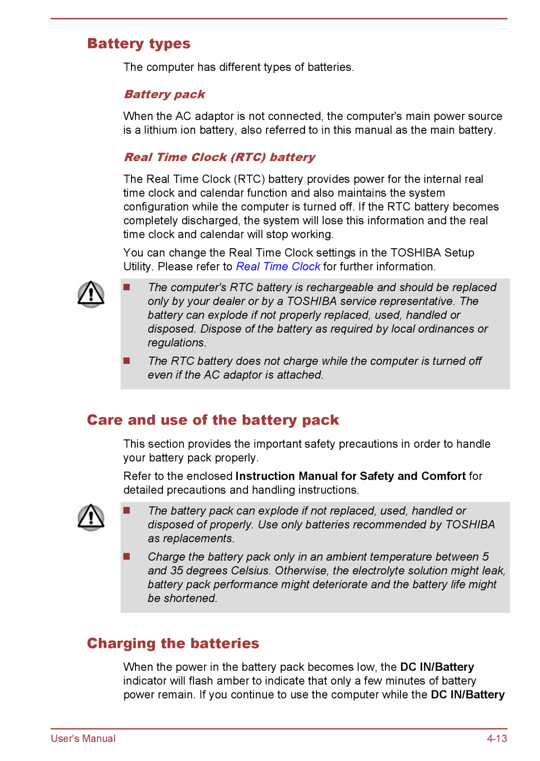 Toshiba Z30t-A, Z30-A, Z40-A, Z50-A Battery types, Care and use of the battery pack, Charging the batteries, Battery pack 