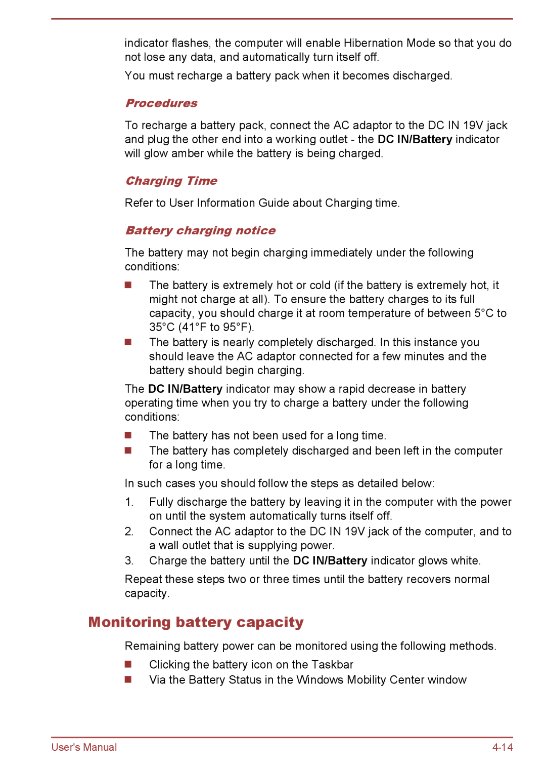 Toshiba Z30-A, Z40-A, Z50-A, Z30t-A Monitoring battery capacity, Procedures, Charging Time, Battery charging notice 