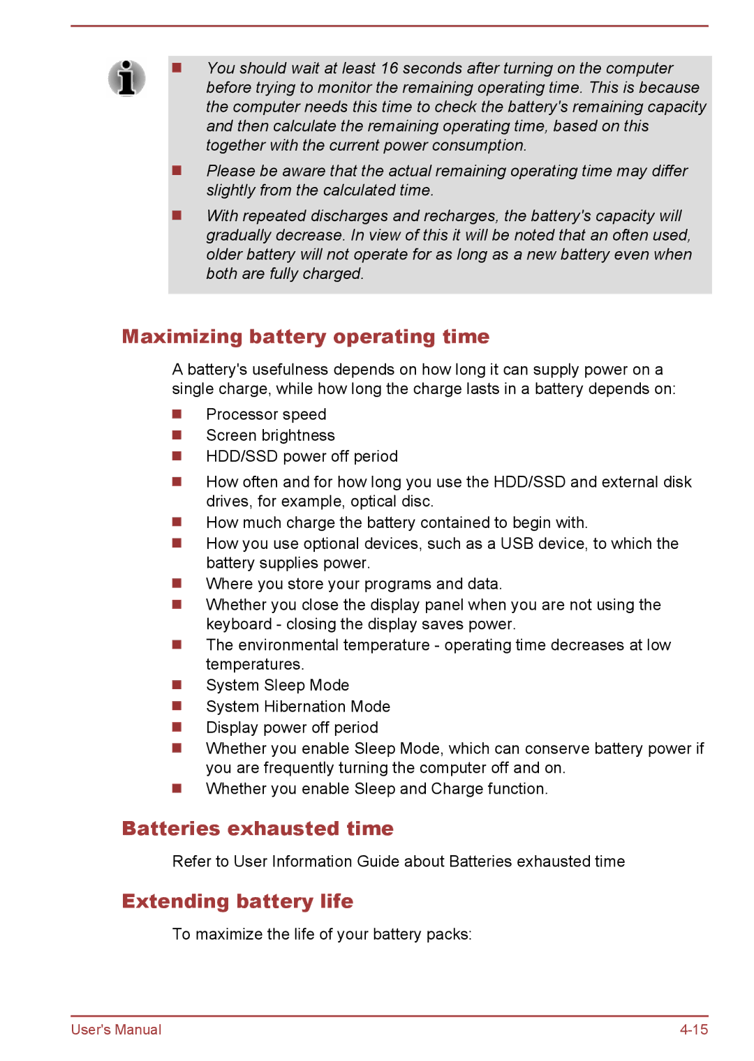 Toshiba Z40-A, Z30-A, Z50-A, Z30t-A Maximizing battery operating time, Batteries exhausted time, Extending battery life 