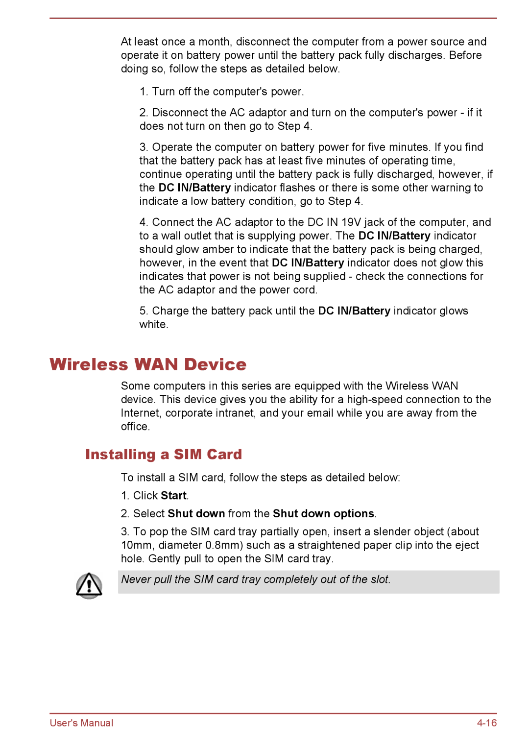 Toshiba Z50-A, Z30-A, Z40-A, Z30t-A user manual Wireless WAN Device, Installing a SIM Card 