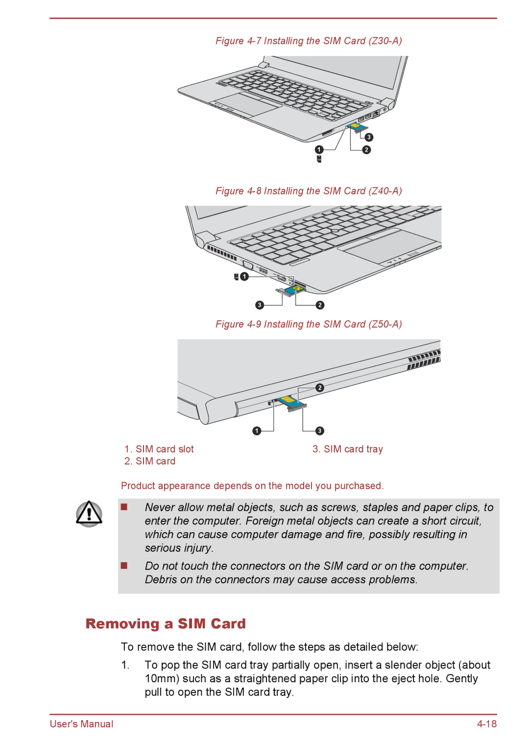 Toshiba Z40-A, Z50-A, Z30t-A user manual Removing a SIM Card, Installing the SIM Card Z30-A 