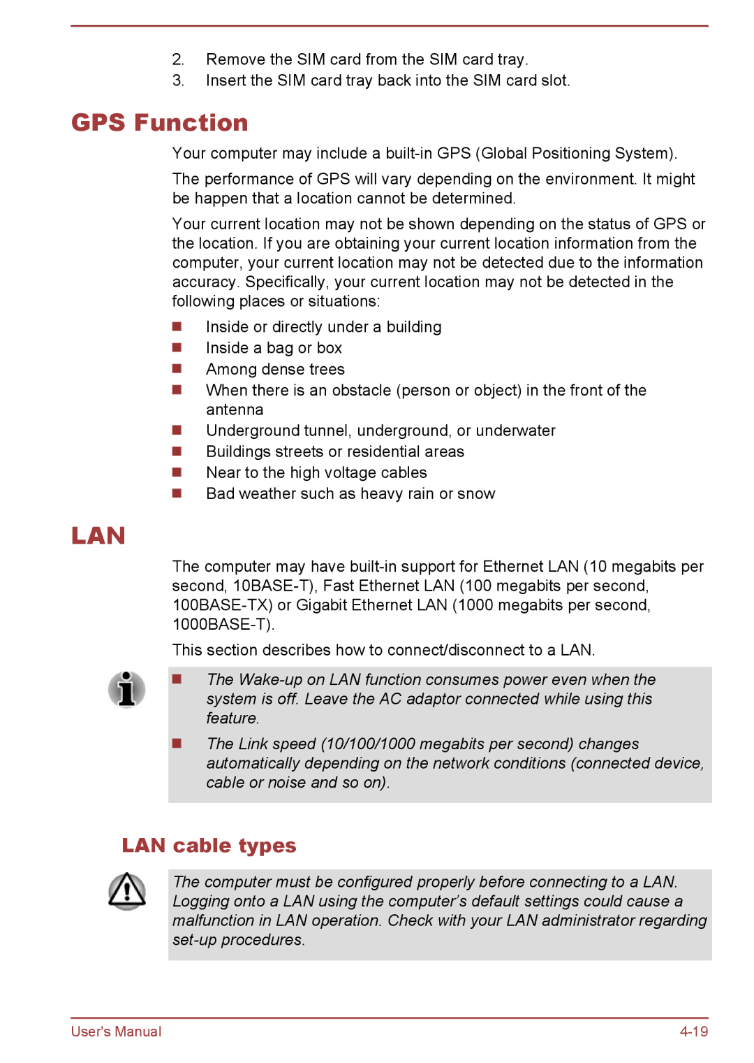 Toshiba Z40-A, Z30-A, Z50-A, Z30t-A user manual GPS Function, LAN cable types 