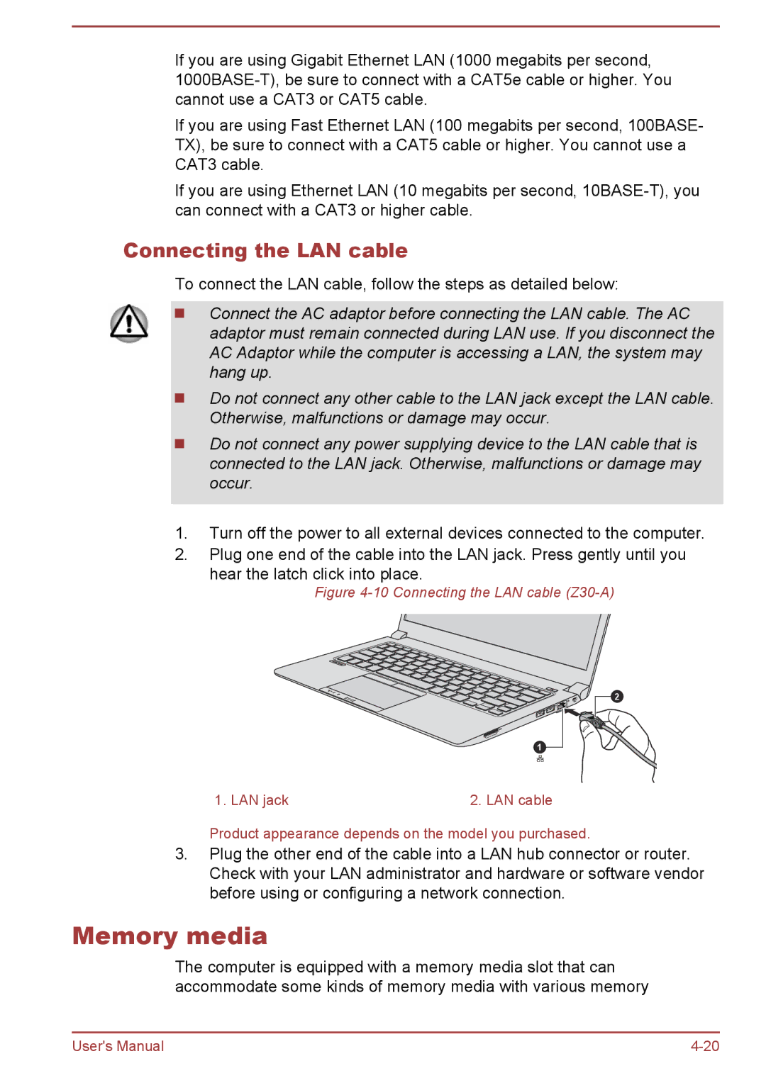 Toshiba Z50-A, Z30-A, Z40-A, Z30t-A user manual Memory media, Connecting the LAN cable 