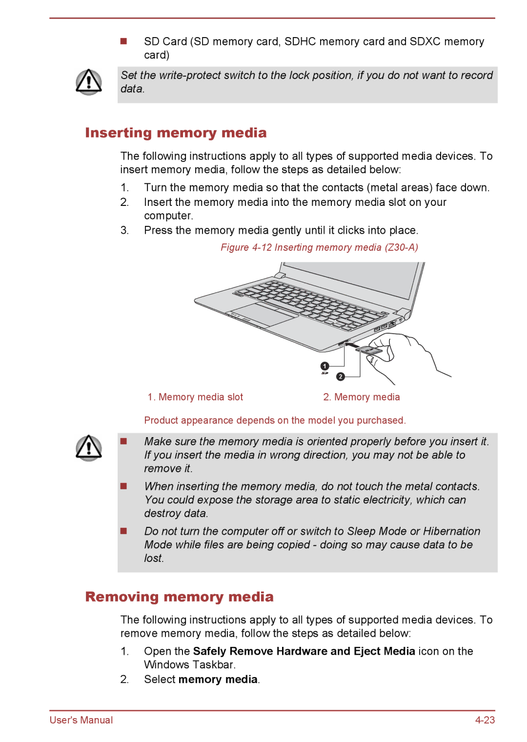 Toshiba Z40-A, Z30-A, Z50-A, Z30t-A user manual Inserting memory media, Removing memory media 