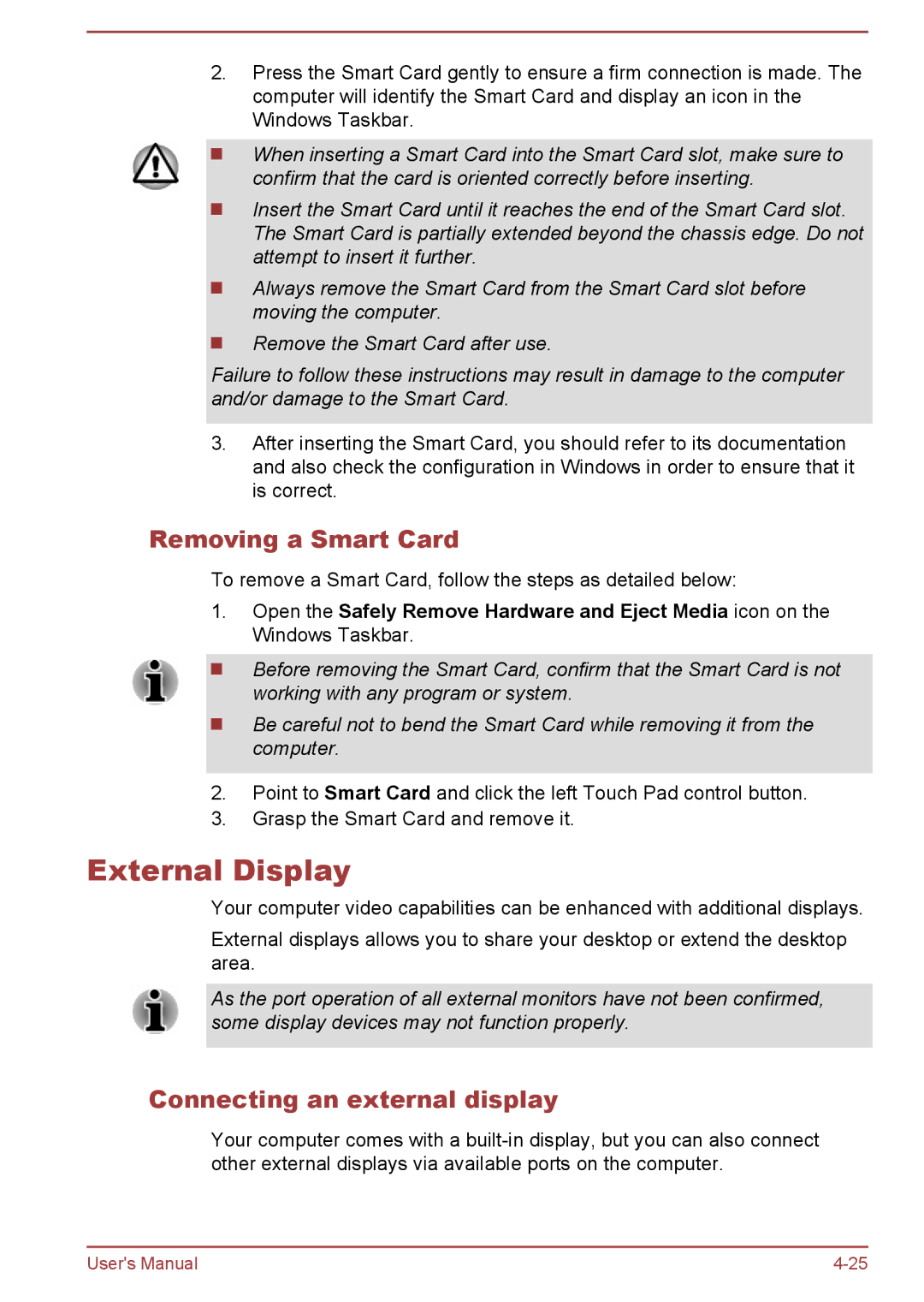 Toshiba Z30t-A, Z30-A, Z40-A, Z50-A user manual External Display, Removing a Smart Card, Connecting an external display 