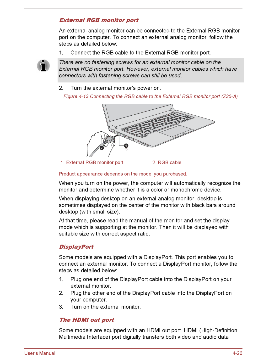 Toshiba Z30-A, Z40-A, Z50-A, Z30t-A user manual External RGB monitor port, DisplayPort, Hdmi out port 