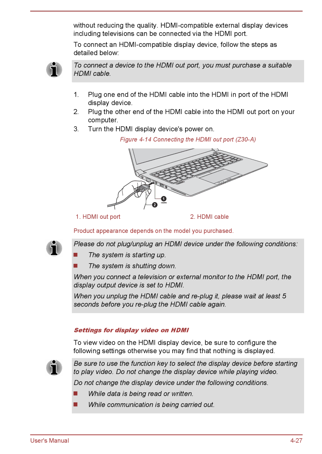 Toshiba Z40-A, Z30-A, Z50-A, Z30t-A user manual Settings for display video on Hdmi 