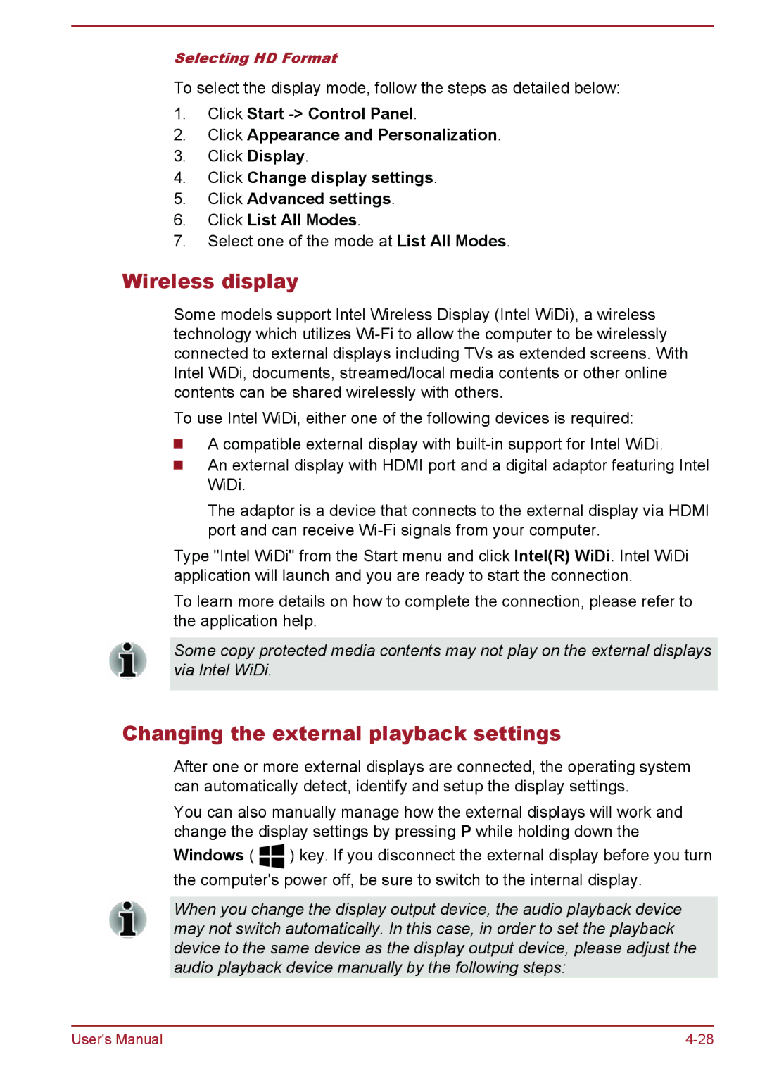 Toshiba Z50-A, Z30-A, Z40-A, Z30t-A user manual Wireless display, Changing the external playback settings 