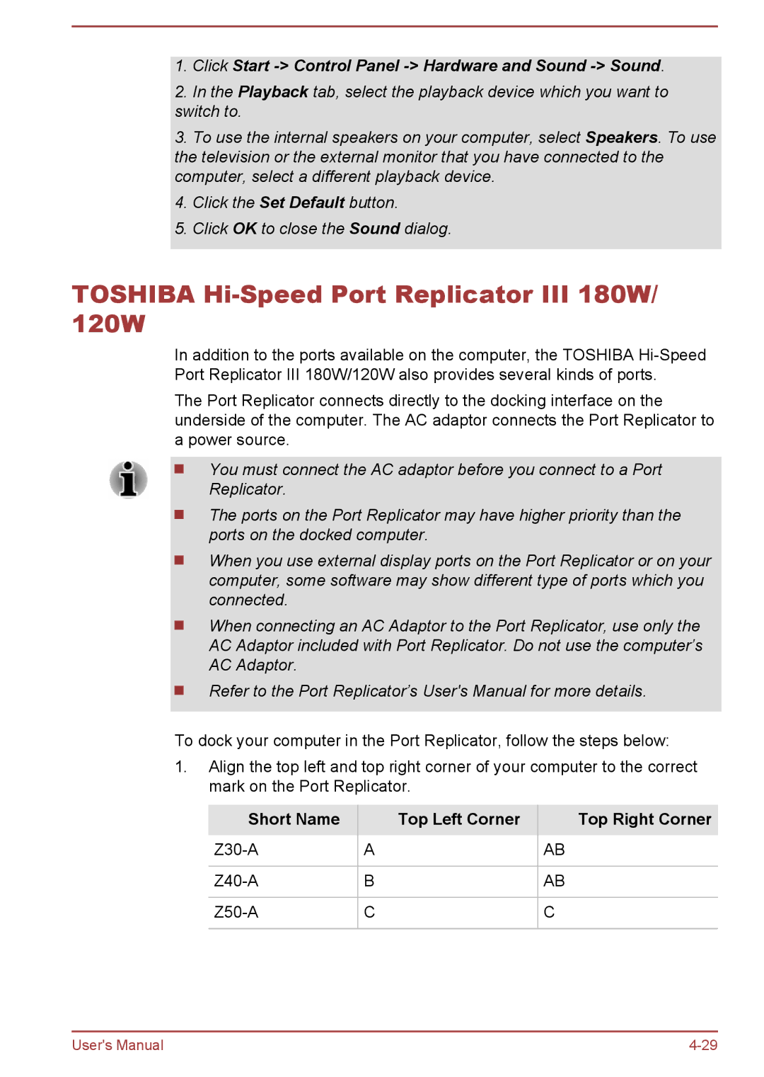 Toshiba Z30t-A, Z30-A, Z40-A Toshiba Hi-Speed Port Replicator III 180W/ 120W, Short Name Top Left Corner Top Right Corner 