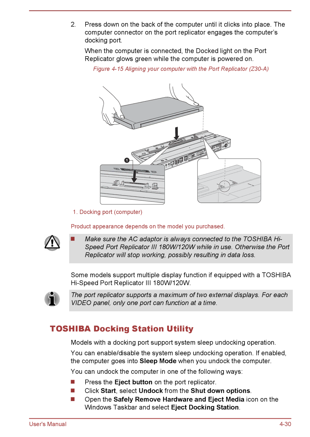 Toshiba Z40-A, Z50-A, Z30t-A Toshiba Docking Station Utility, Aligning your computer with the Port Replicator Z30-A 